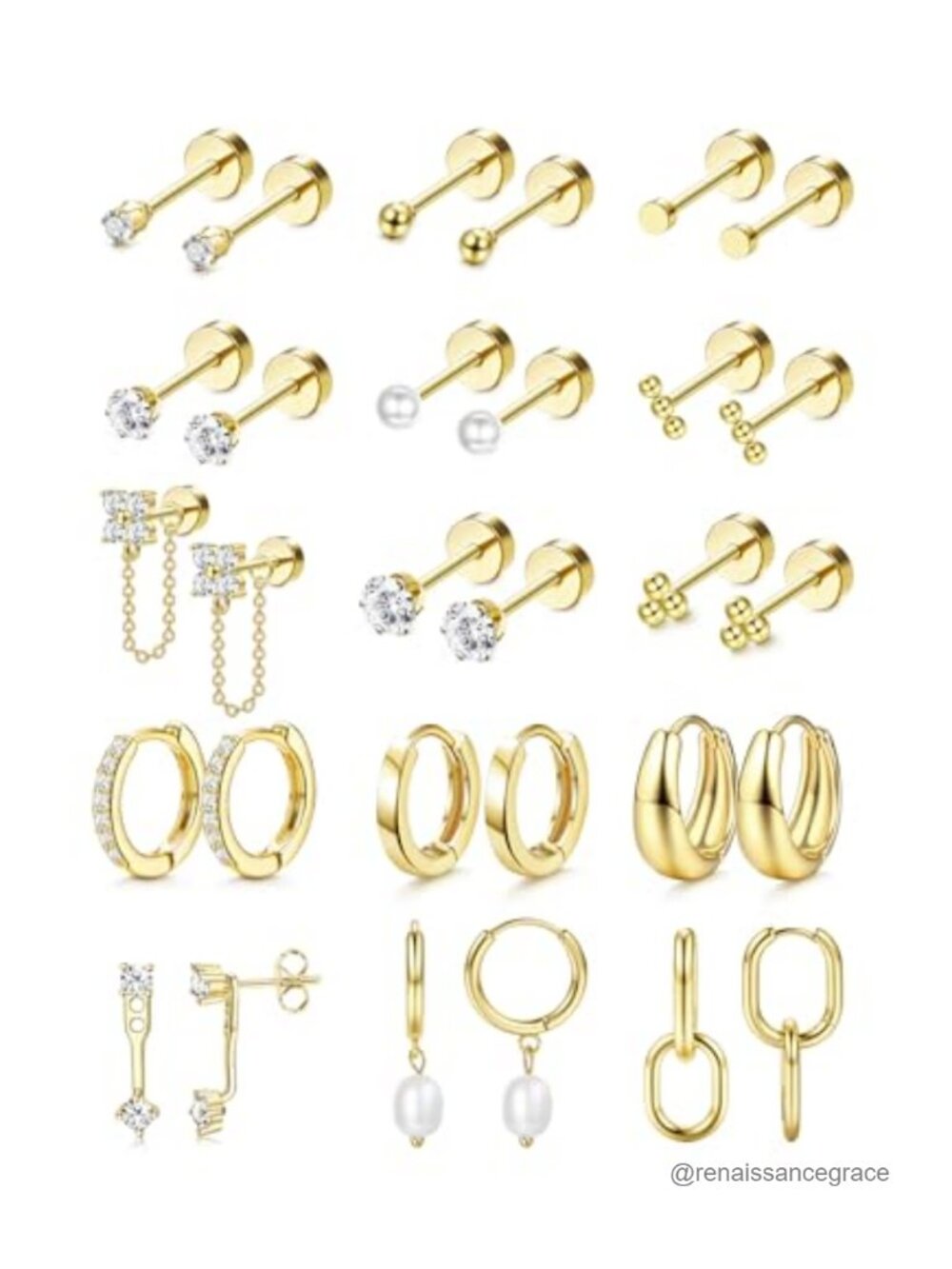 14K Gold Plated Flat Back Earrings Set Hypoallergenic Surgical Steel Studs &